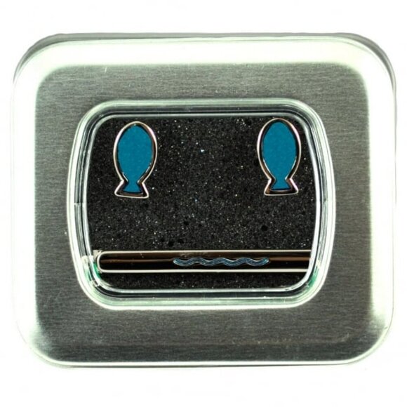 *3 FOR $9* NEW Brent Morgan Neckwear Religious Fish Wave Cufflinks Tie Clip Tin - Picture 2 of 5